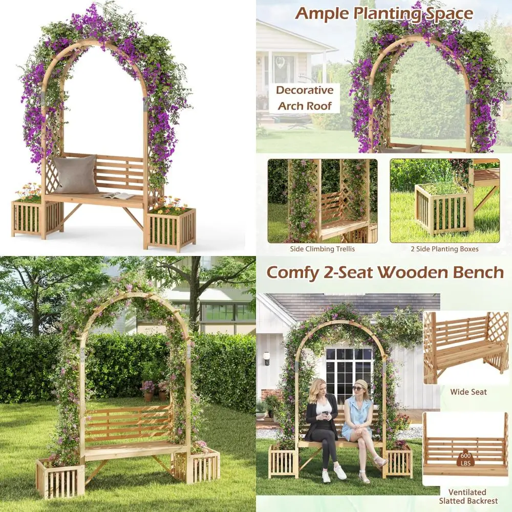 

Деревянная садовая беседка с скамейкой, двумя горшками, аркой для вьющихся растений, сиденьем для любви и двумя решетками