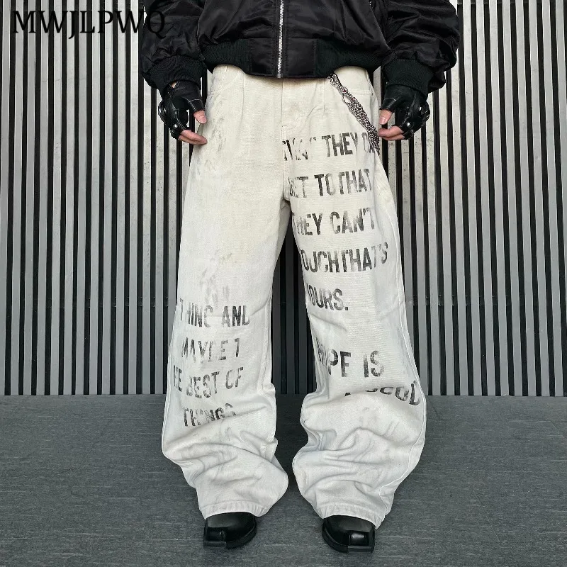 

MWJLPWQ American Style Letter Distressed Straight Jeans Men's Unisex High-end Streetwear Casual Wide-leg Floor-length Pant 11190