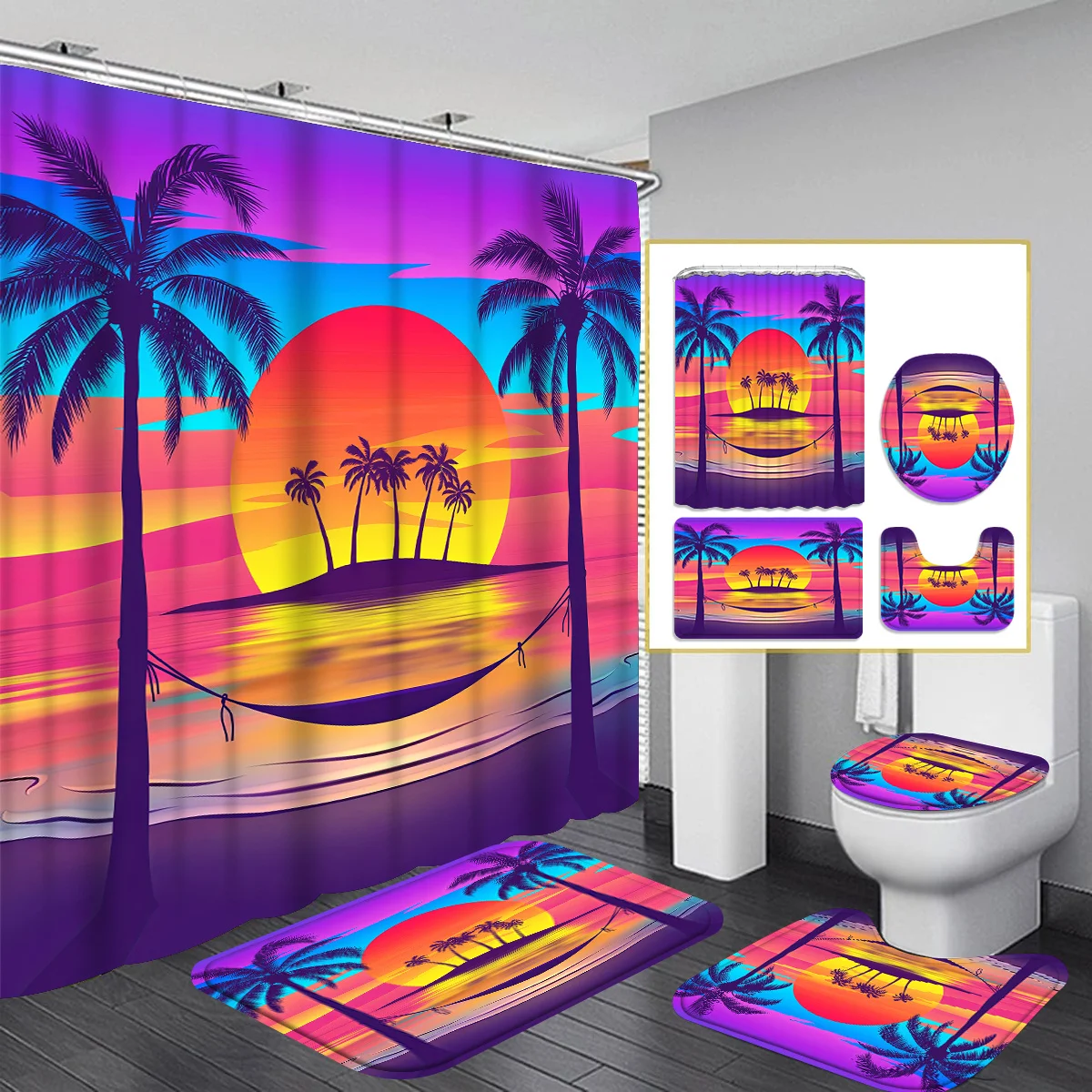 

Coconut Tree Decorative Shower Curtain Bathroom Set - Machine Washable, with 12 Hooks, including Toilet Seat Cover and Bathtub