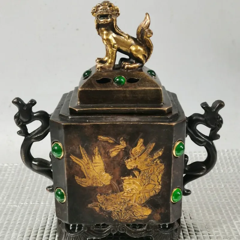 Gilt copper Pixiu incense burner with two ears and four legs, square-shaped