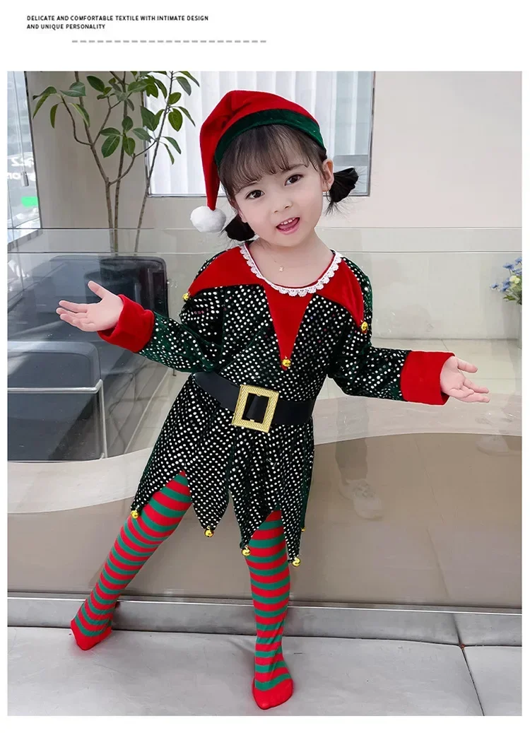 Disfraz de elfo de Año Nuevo para niña, conjunto de traje de Papá Noel verde con sombrero, vestido de fiesta de Navidad elegante, disfraces de actuación