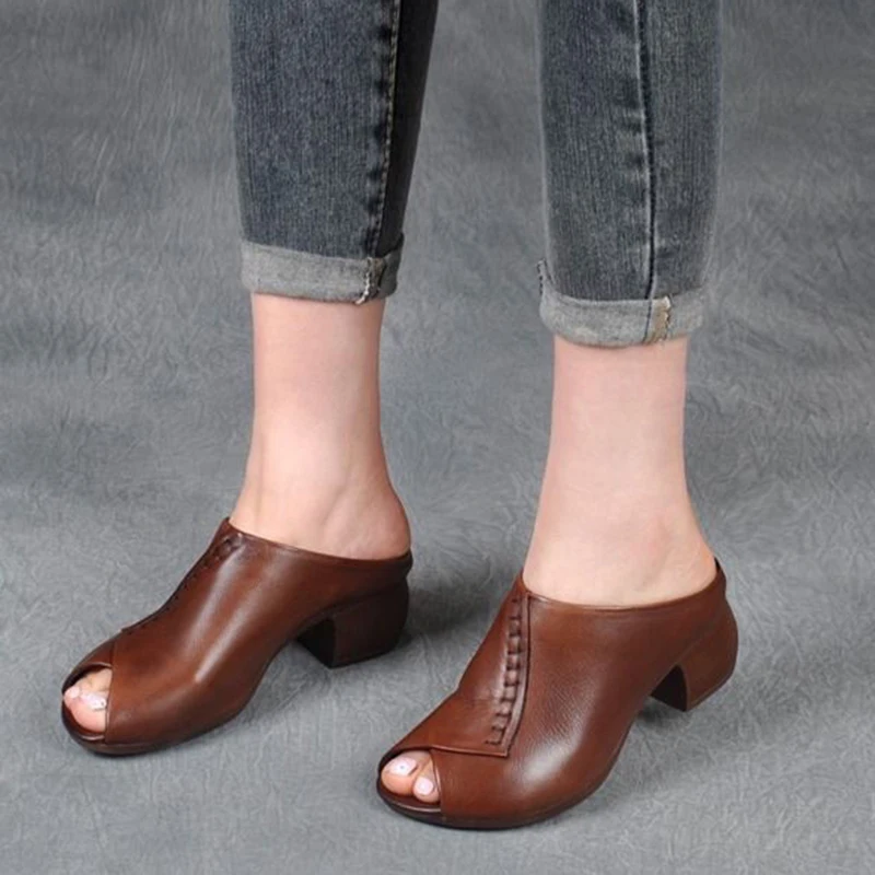 Comemore 2025 Retro Women Slippers Soft Shoes Close Toe High Heels Slides Black Mules Flip Flops for Summer Medium Heel Slides