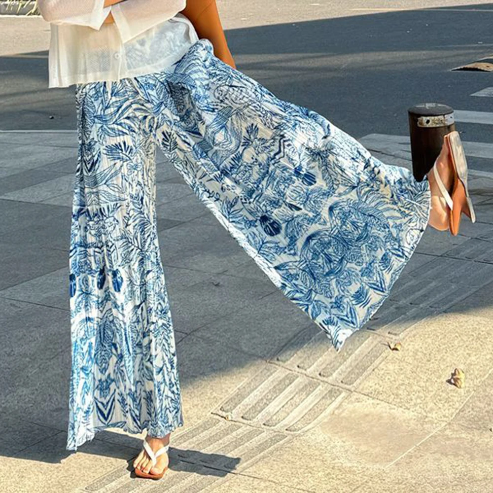 Pantalones con estampado de porcelana blanca y azul, pantalones de pierna ancha holgados informales plisados, pantalones de tubo nuevos de estilo nacional de cintura alta para verano