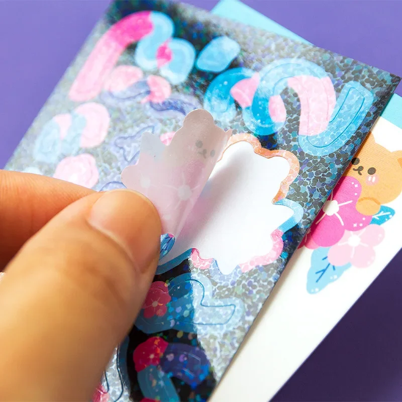 2 Sheets Laser Film Coated Sticker Bear Waltz Series Ribbon Hand Account DIY Material Decorative Stickers