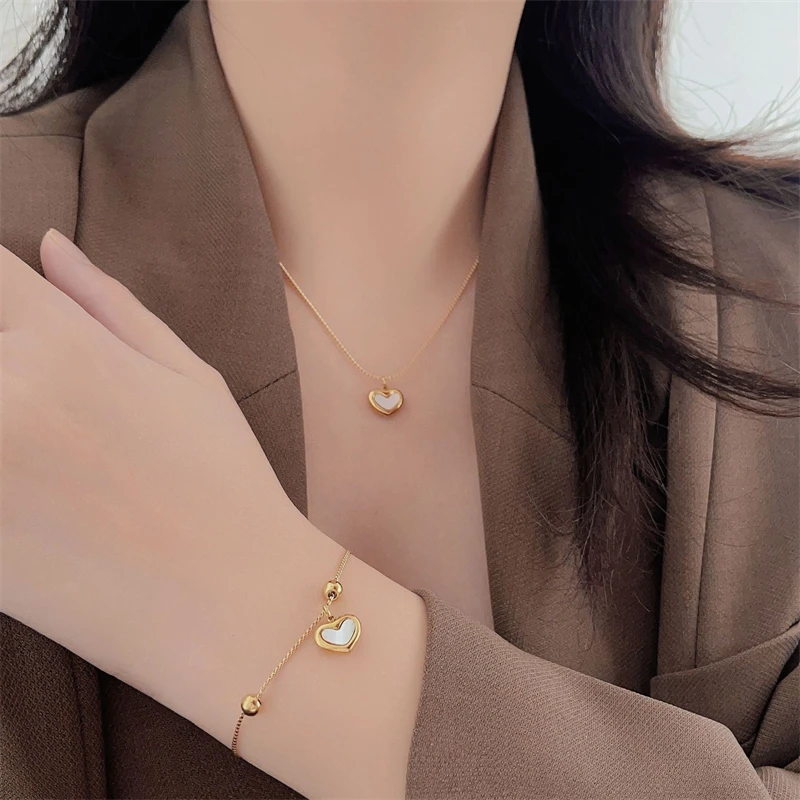 Stainless Steel Fashion Jewelry Seashell Heart Charm Chain Choker Necklaces Bracelets Earrings For Women Christmas girl\'s Gifts