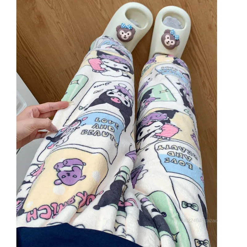 Sanrio Cute Cartoon Kuromi Winter New Straight Leg Pants Fashion Plush Casual Lazy Pajama Pants Y2k Sweet Girl Loose Sleep Pants