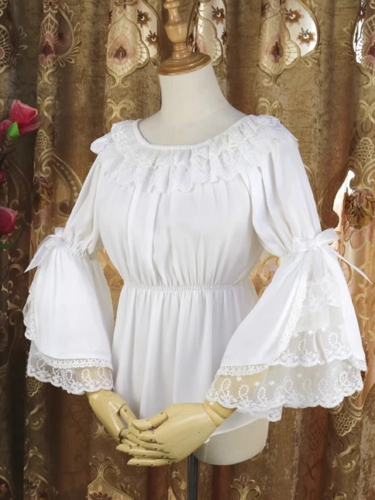 

Lolita Design Shirts Lace Bow Patchwork Solid Color Slash Neck Flare Sleeve Blouses All Match Spring Summer 2025 Women Clothing
