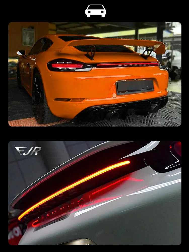 أضواء السيارة EJR لبورشه 718 كايمان بوكستر 2016-2021 تعديل LED من خلال المصابيح الخلفية المتدفقة السيارات شريط المصباح الأوسط ملحق