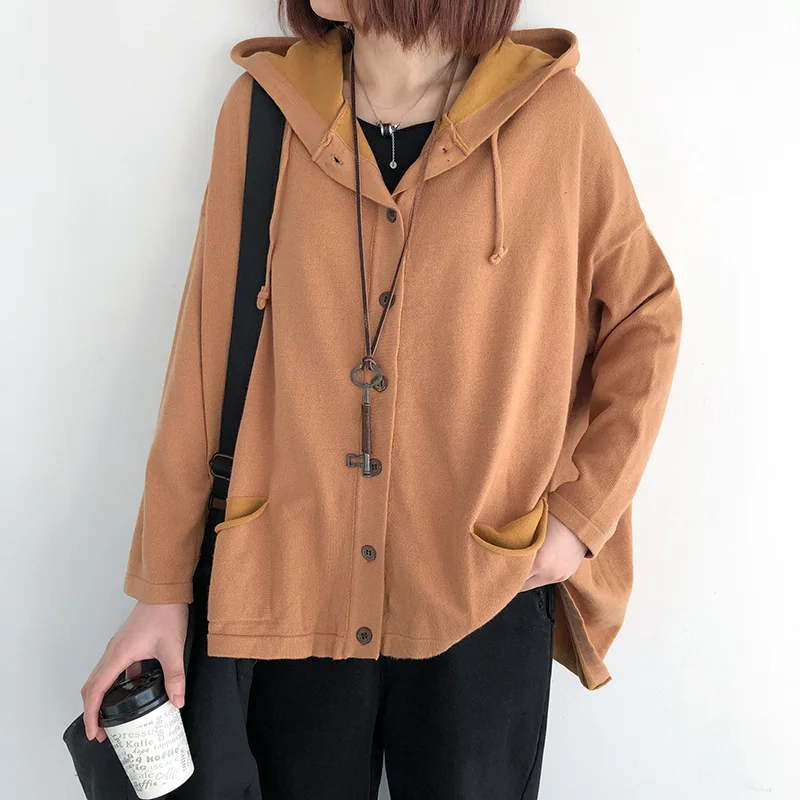 Women Knitted Hooded Sweaters Button Solid Color Long Sleeve Autumn Clothes 2023 New Pockets Soft Female Sweaters