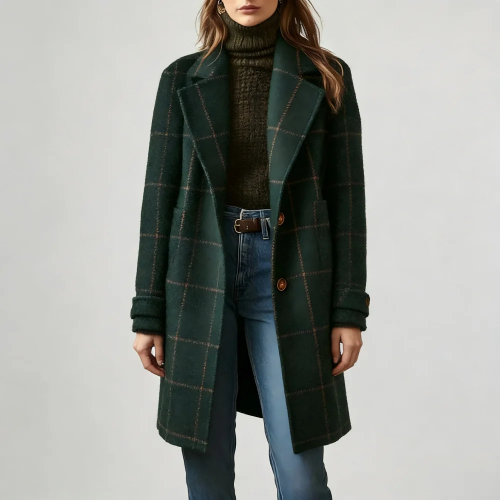 New women's retro plaid casual temperament medium and long lapel jacket women's top