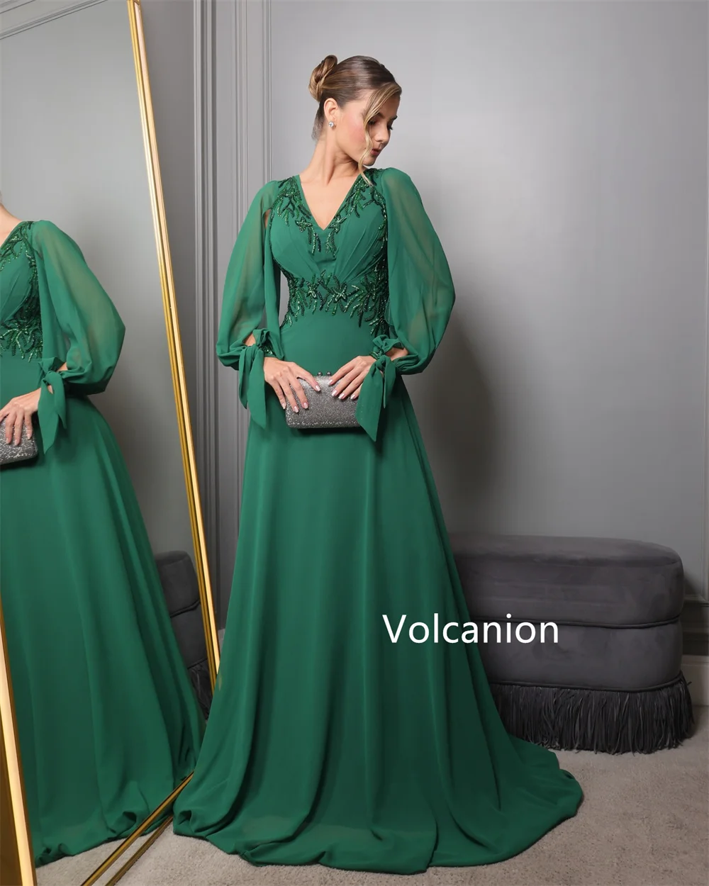 Customized Chiffo Bow Rhinestone A-line V-neck Long Dresses Bespoke Occasion Evening Exquisite Formal High Quality