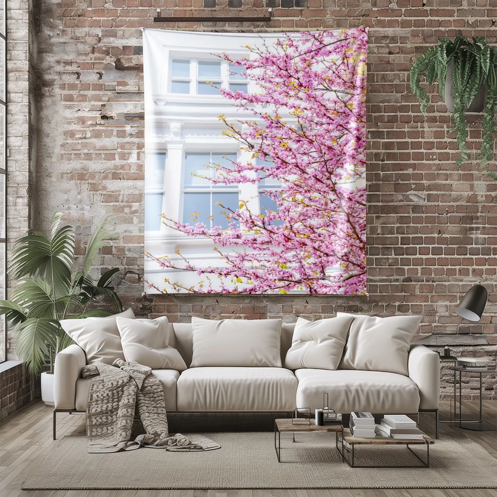 Pink Cherry Blossom Branches in Front of White Building Window Tapestry Machine Washable All Season Decor Print Home non-toxic