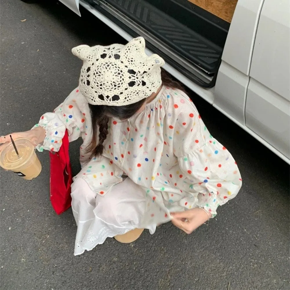 레트로 스위트 컬러풀 도트 블라우스 루즈 캐주얼 긴팔 셔츠 얇은 인스 플리츠 셔츠 탑 봄 가을