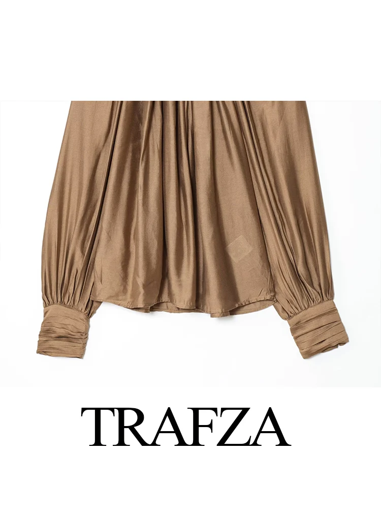 

TRAFZA Women's New Fashion Simple Versatile Standing Collar Draped Top Female High Street Casual Temperament Long Sleeve Shirt