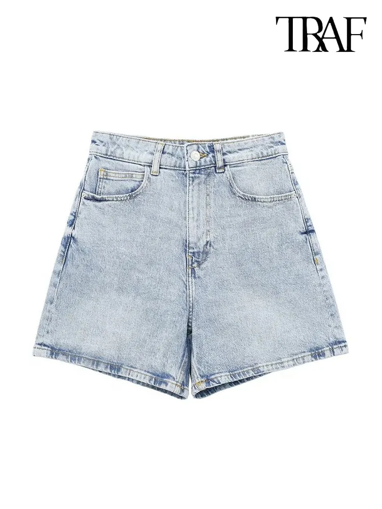 TRAF Women\'s Blue High Waist Denim Shorts Button Closure Jeans Summer Casual Comfortable Shorts Fashion Vintage Women\'s Pants