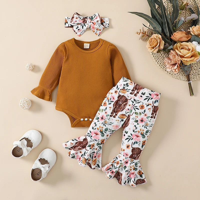 

Baby Girls Spring Outfit Sets Brown Long Sleeve Ribbed Romper Floral Cattle Print Flared Pants Headband