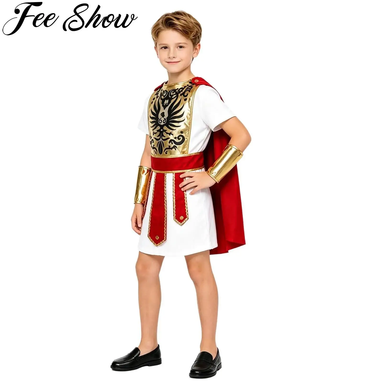 Kids Ancient Roman Spartan Warrior Soldier Gladiator Cosplay Costume Halloween Medieval Fancy Dress Robe with Cloak Wrist Guard