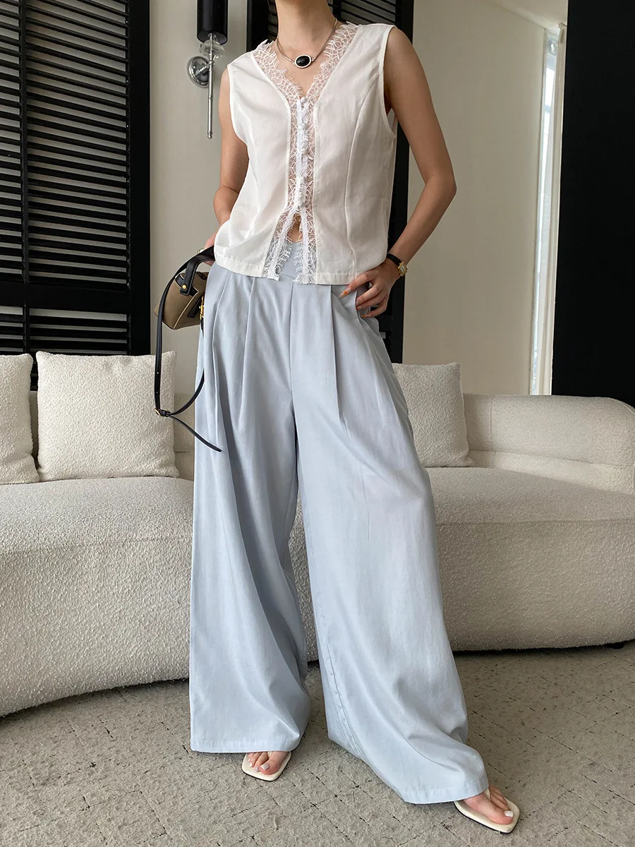 Sommerliche Damen-Freizeithose in Uni-Farbe, halb elastisch, hoher Bund, locker geschnitten, weites Bein – Detail 32