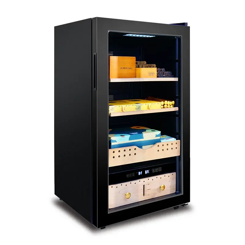 Single Tea Cabinet Cigar Humidor Wine Refrigeration Equipment 67Bottles Wine Cooler With Cedar and Beech Wood Shelf