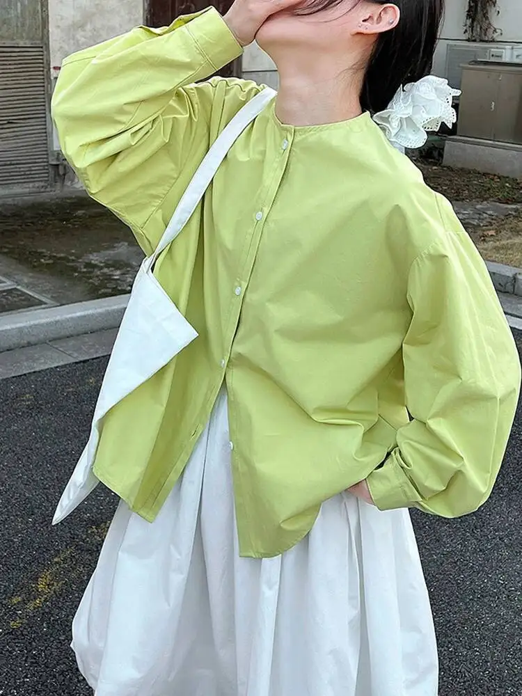 

Женская зеленая винтажная блузка большого размера, повседневная, с круглым вырезом, длинным рукавом, модная, весна-осень