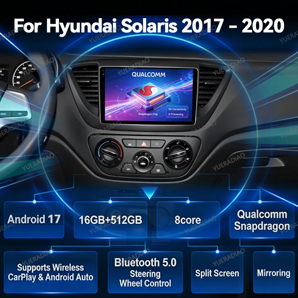 Android 17 Car Radio For Hyundai Solaris 2 Verna Accent 2017 - 2020 QLED Head Unit GPS NAVI 2DIN Multimedia Stereo Video Player