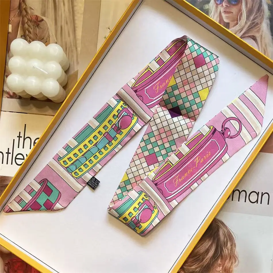 Moda francese Twill Double-sided Bicolore Piccola Sciarpa di seta Fascia da donna 2025 Nuova borsa Maniglia Nastro 5 * 90 cm