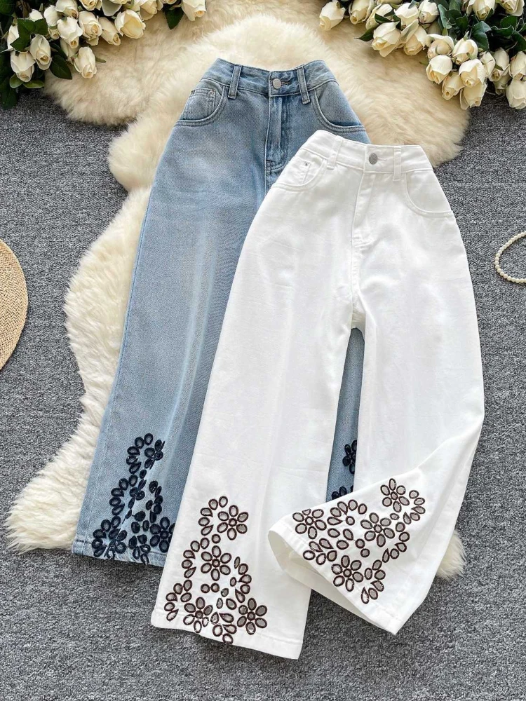 

Ethnic style retro heavy industry hollow out embroidery high waisted jeans women in spring new fashion wide leg pants