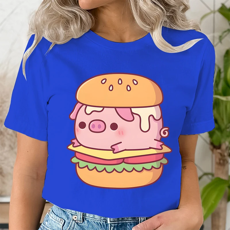 Harajuku Fashion T-shirts Aesthetic for Women Trend Casual Tee Clothes Female Clothing Funny Burger Pig Animal Print Tee Shirt