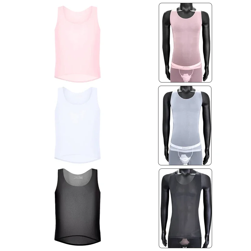 Men's Summer Ice Silk Mesh Tank Top Ultra Thin Transparent See Through Sleeveless Shirt Breathable Tight Fitness Vest