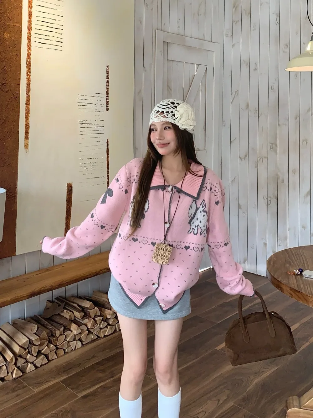 

Женский жаккардовый вязаный кардиган в стиле ретро с лацканами, милый осенний повседневный свитер для девочек, женский вязаный тонкий пальто с длинными рукавами