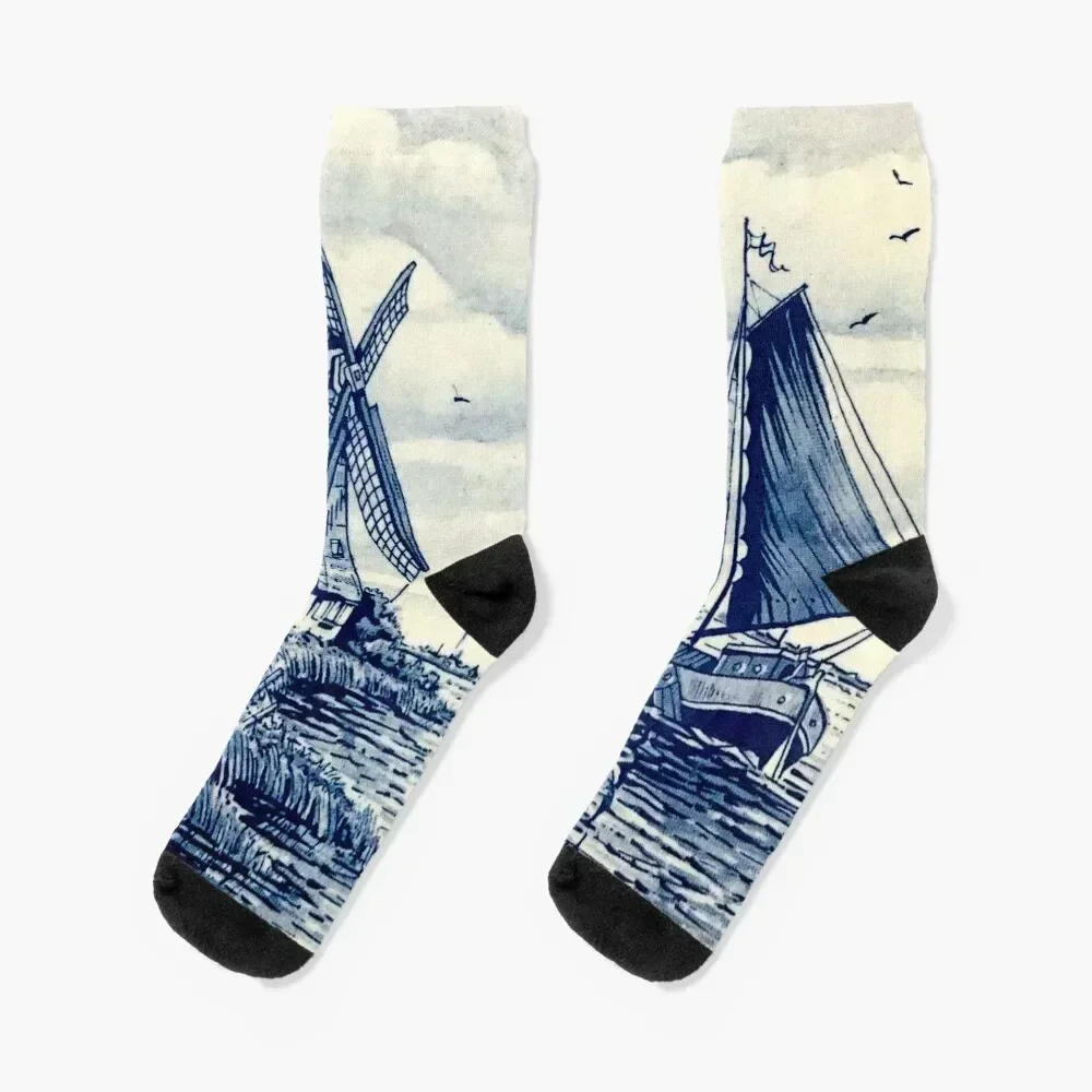 DUTCH BLUE DELFT : Vintage Sailboat and Windmills Print Socks sports stockings warm winter floor Designer Man Socks Women's