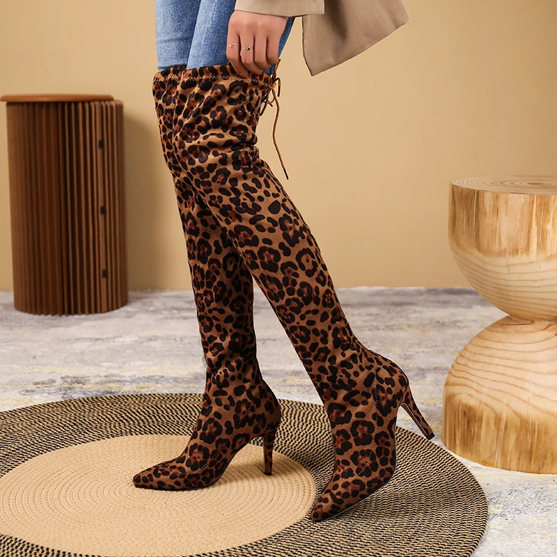 New Pointed Toe Sexy Over The Knee Thigh High Boots Fashion Women Leopard Print High Heels Women\'s Boots Plus Size 35-43