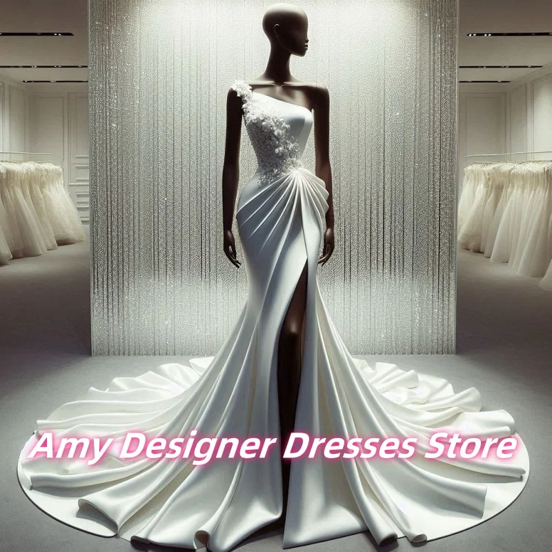 

Elegant Femlaes One Shoulder Mermaid Wedding Dresses Long High Split Bride Gowns With Beautiful Drooping Folds Women Customized