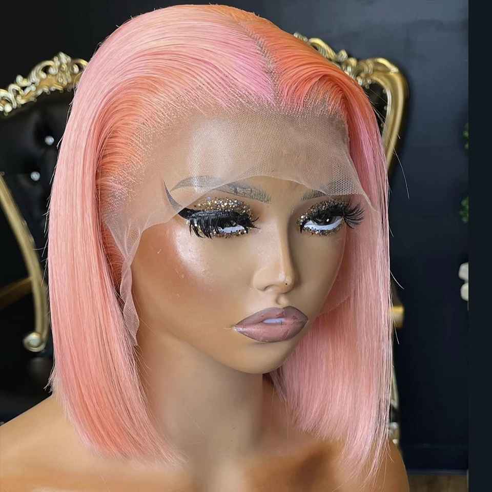 

Transparent HD Lace Frontal Wigs 13x4 Pink Straight Short Bob Brazilian Human Hair Wig Cosplay For Women Pre Plucked Wear And Go
