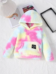 Autumn And Winter Girls' Plush Warm Tie Dye Pocket Top Jacket Hooded Sweatshirt