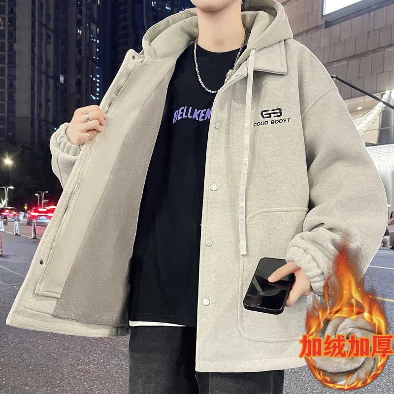 

Casual Men's Hooded Fleece Liner Coats 2025 Winter Youth Streetwear Loose Plush Warm Jacket Windproof Velvet Padded Top Clothing