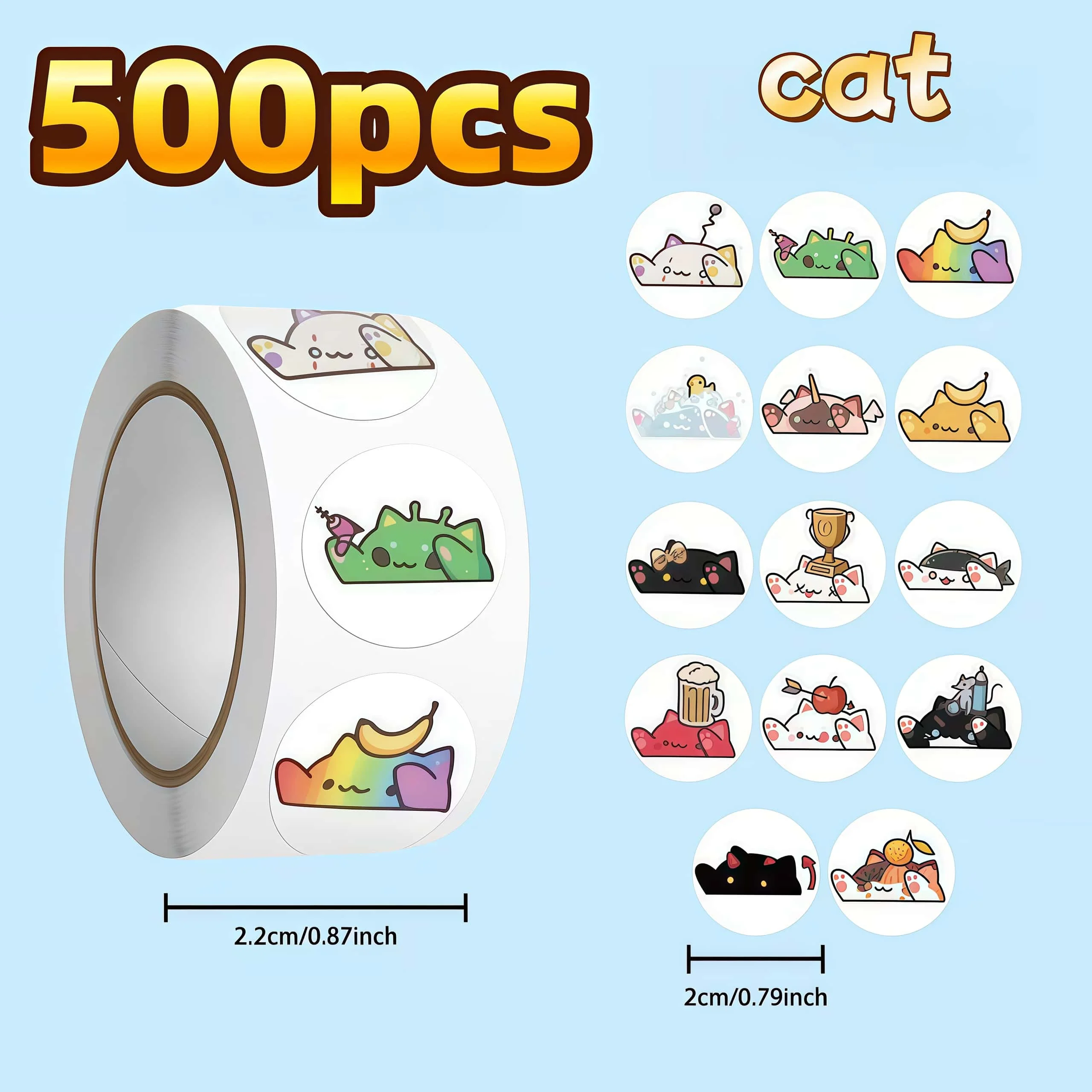 500Pcs Cute Cartoon Cat Head Round Sticker Roll, Multi-color Funny Kitten Face Labels for Packaging Journal Scrapbook DIY Decor