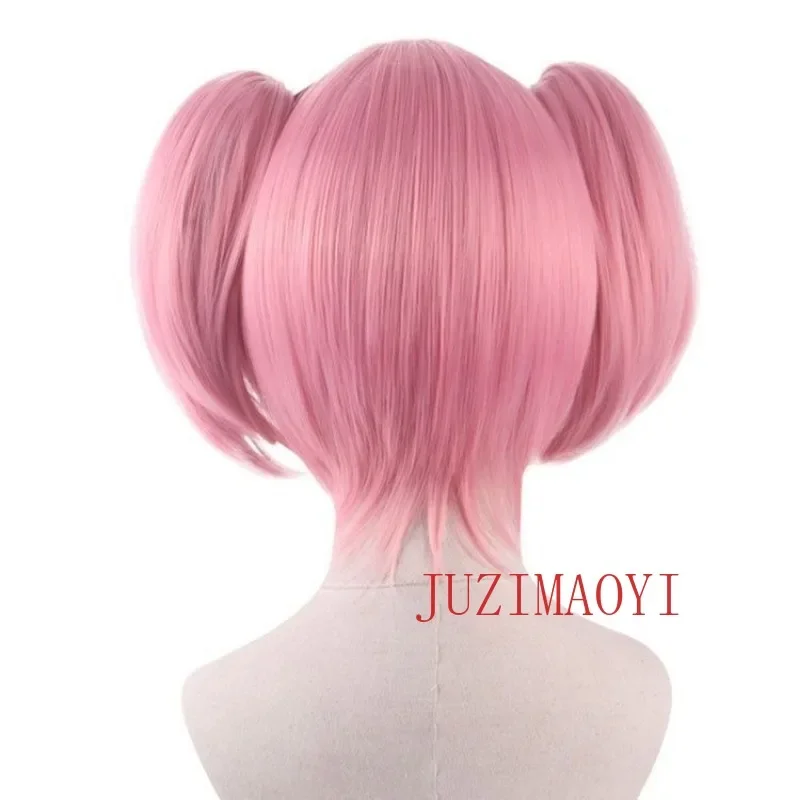 Kaname Madoka Wig Synthetic Pink Short 30cm Double Ponytails Cosplay Anime Beautiful Wig Heat Resistant Hair Halloween  Wig