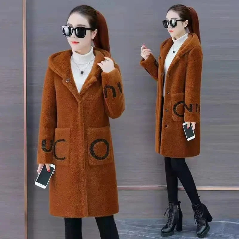 

Imitation Golden Mink Cashmere Overcoat High-quality Women Hooded Knitted Cardigan Long Jacket Thicken Warm Sweater Woolen Coat