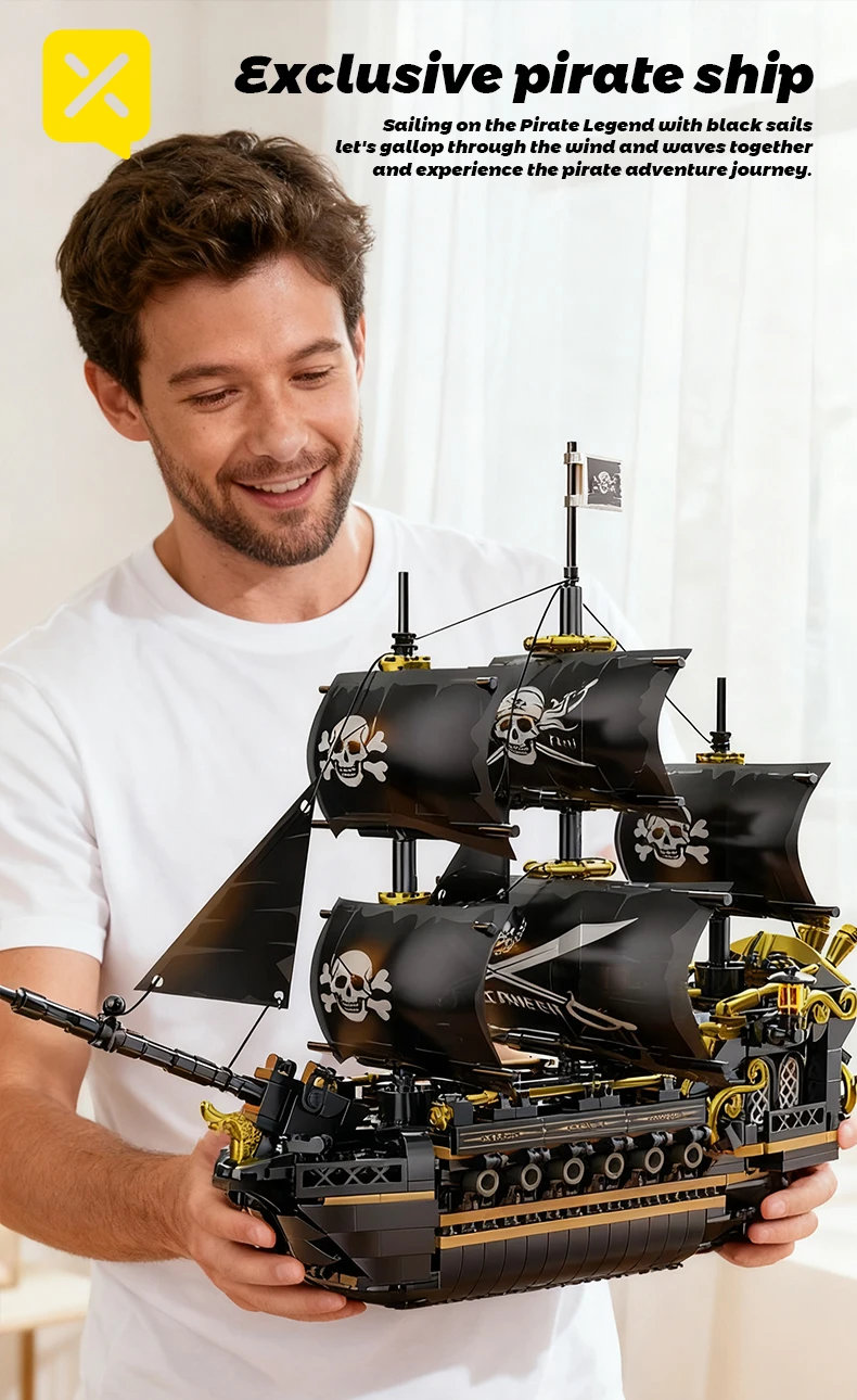 Schwarzes Segel Piratenschiff Bausteine 3-Masted Segelboot Ziegel Erwachsene Sammlerstück DIY Montage Modell Display Dekoration Spielzeug Geschenk – Detail 2