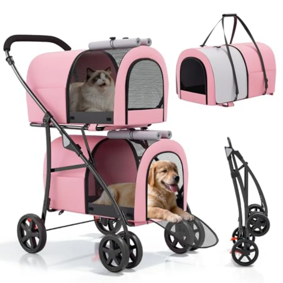 

Double dog stroller for small-medium dogs cats, pink-gray fabric, 4-wheel folding design with 2 detachable carrier bags and sto
