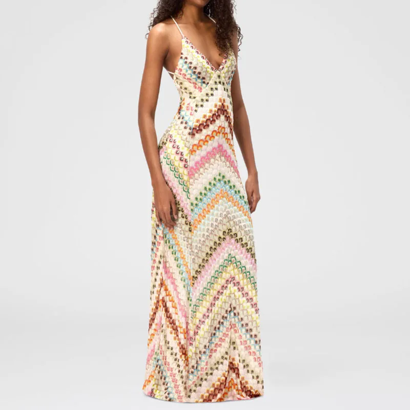 Vakantie spaghettibandje eenvoudige feestjurk, dames zomerprint backless sexy maxi-jurk, 2025, diepe v-hals chique damesjurk