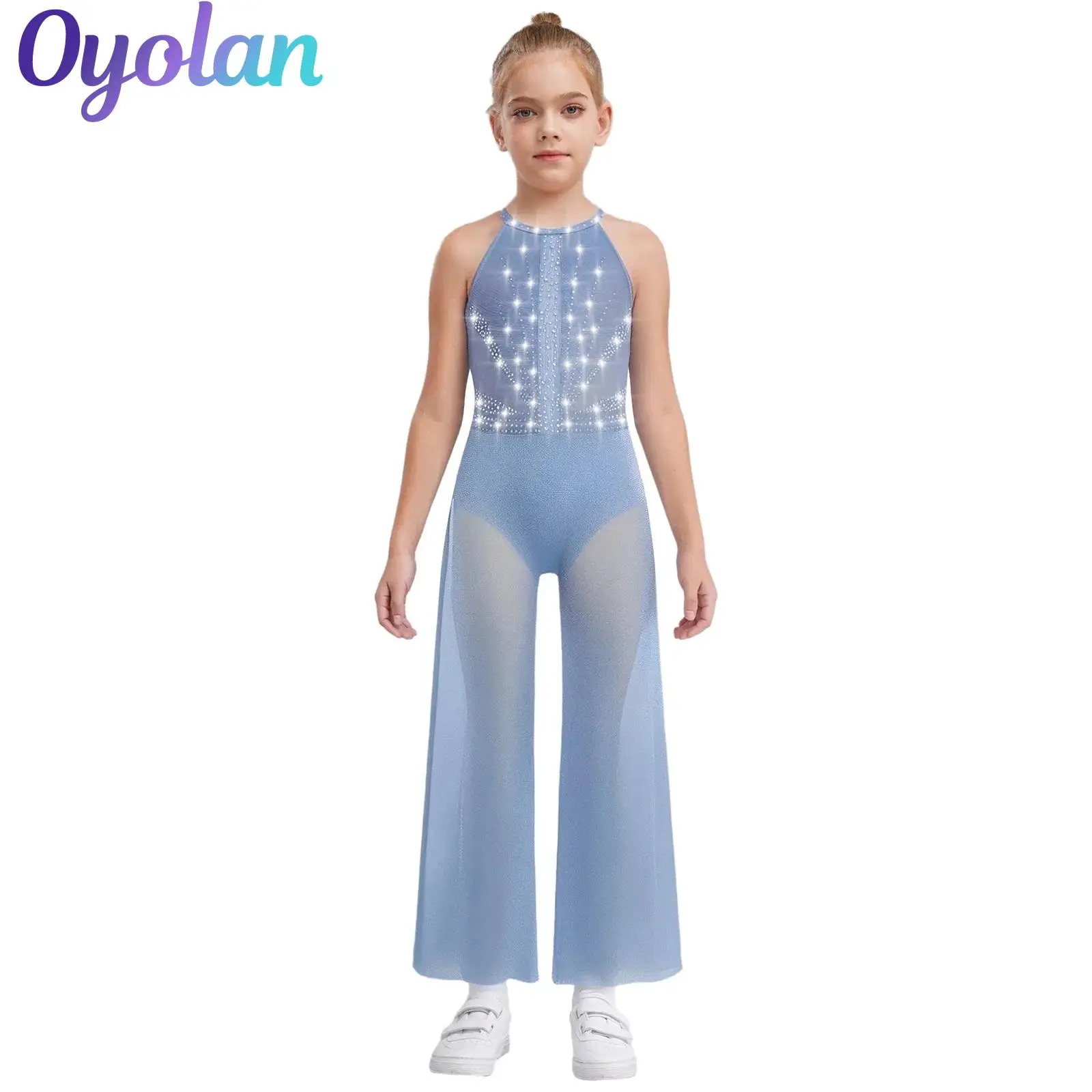 

Детский костюм со стразами для девочек, гимнастический костюм для балета и танцев, блестящее боди, танцевальная одежда, комбинезон с разрезом по бокам и широкими штанинами