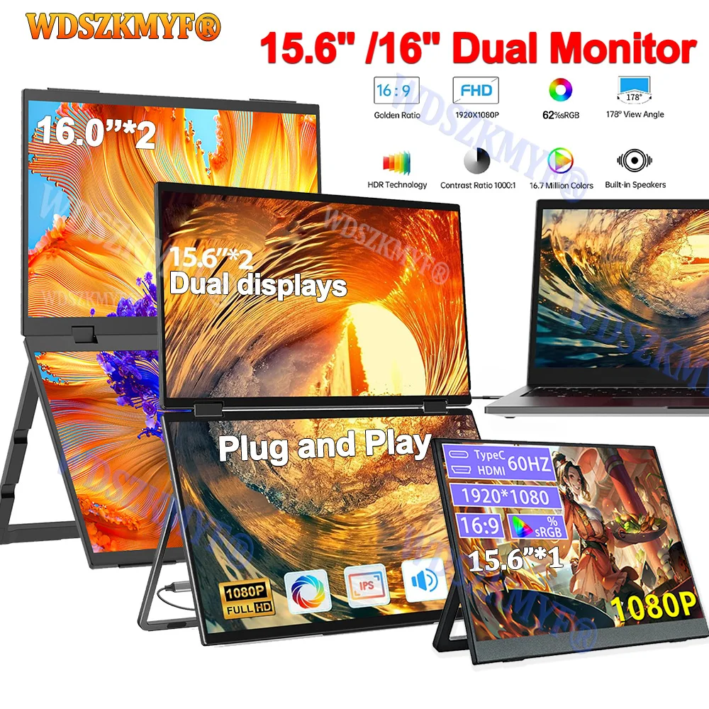 

15.6“ 16"Portable Dual /Single Monitor 1080P IPS USB-C Mini-HDMI External Second Screen for Mac Laptop PC Switch Xbox PS4/5 Xbox