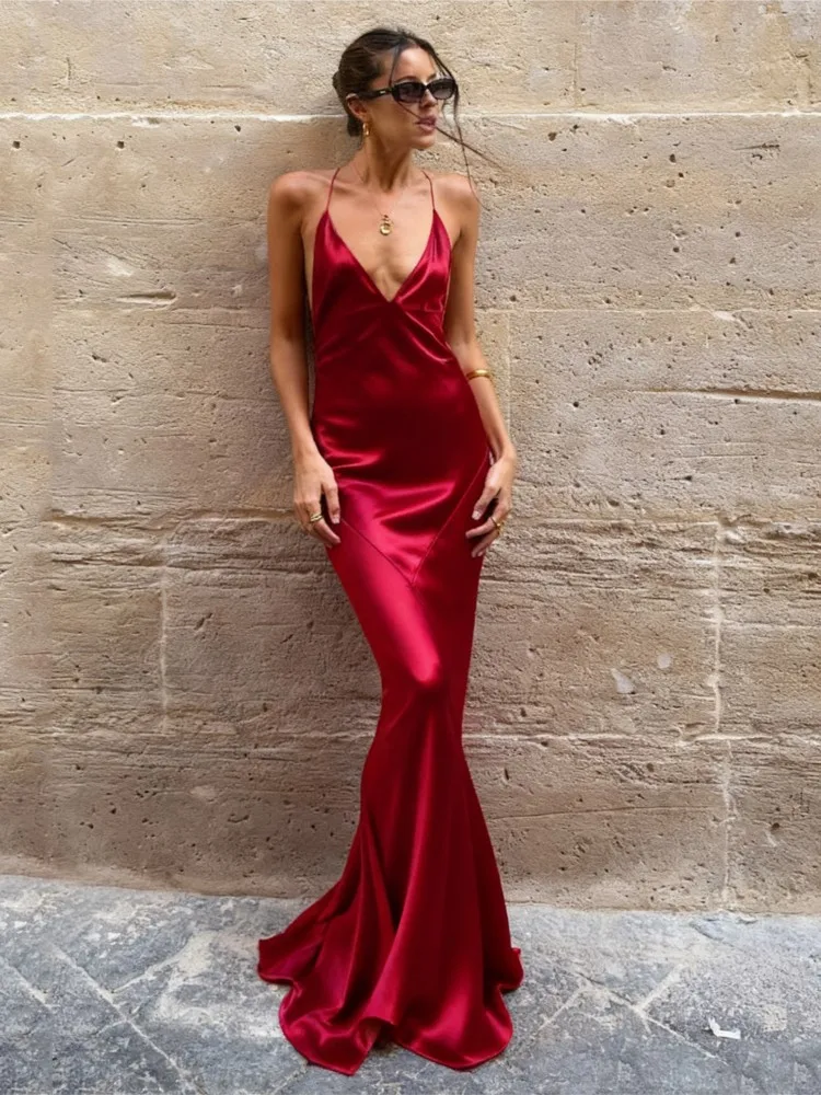 Robes de soirée pour femmes, bretelles élégantes, robe de soirée, Banquet, Sexy, décolleté en v profond, dos nu, couleur unie, tempérament Slim