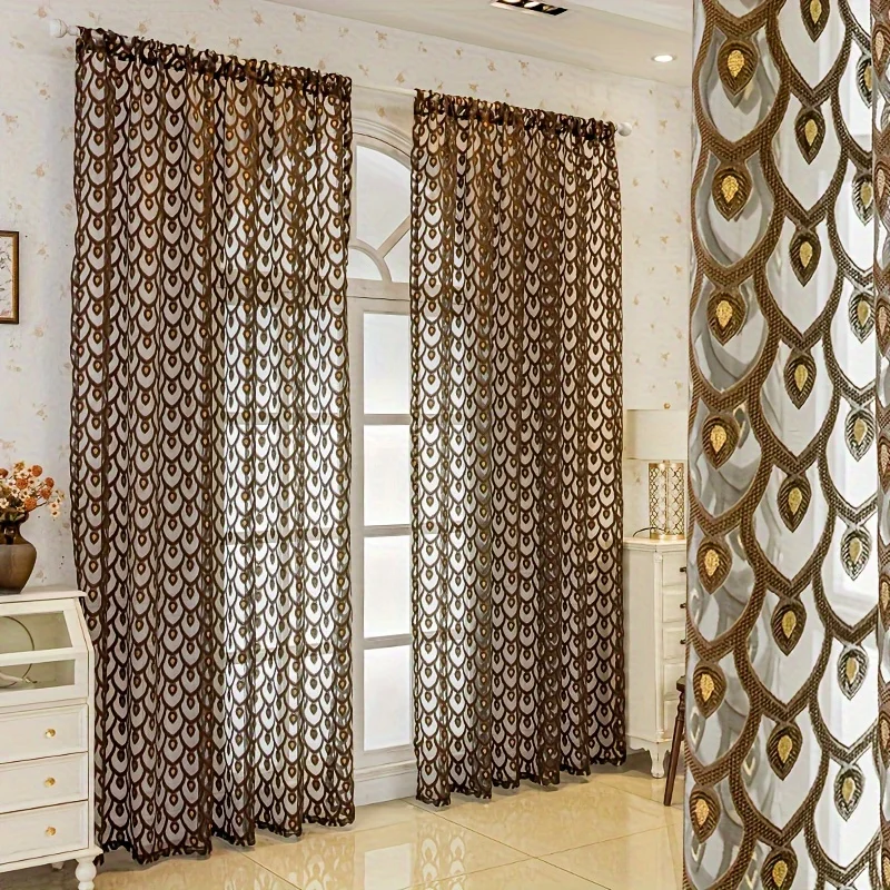 1pc Multi-Color Hollow Peacock Feather Embroidered Sheer Curtains, Light Filtering Voile, Ready-Made Drapes for  Living Room