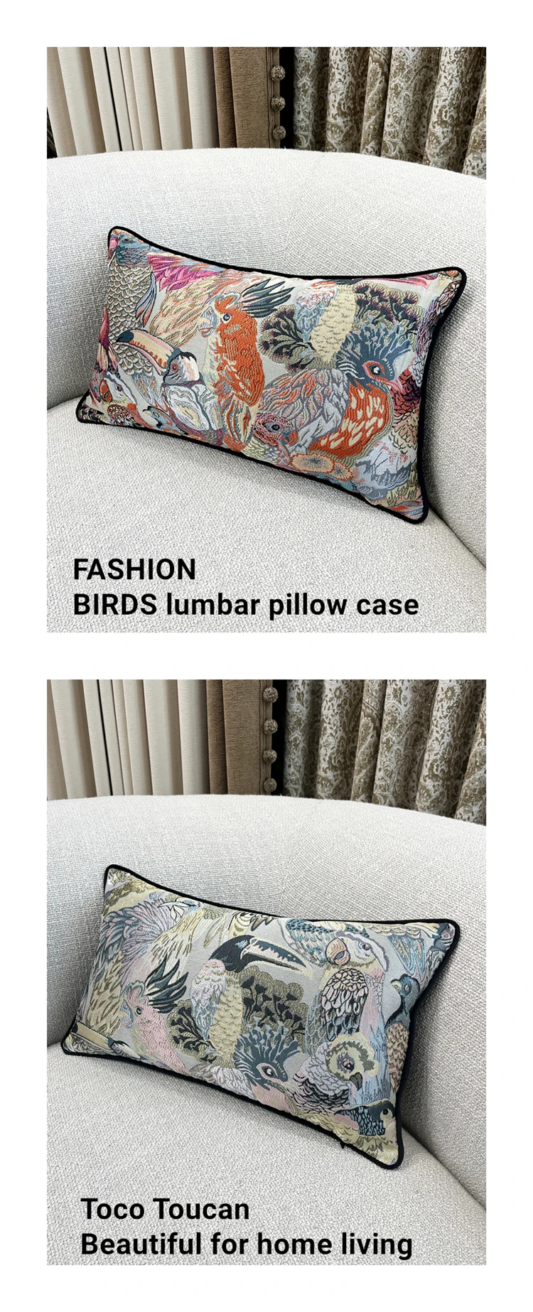 Modischer gewebter Boden-Taillen-Vögel-Toco-Tukan-Kissenbezug, Fenster, dekorativer Papagei-Sofa-Auto-Lendenkissenbezug, 30 x 50 cm, 1 Stück Set – Detail 1