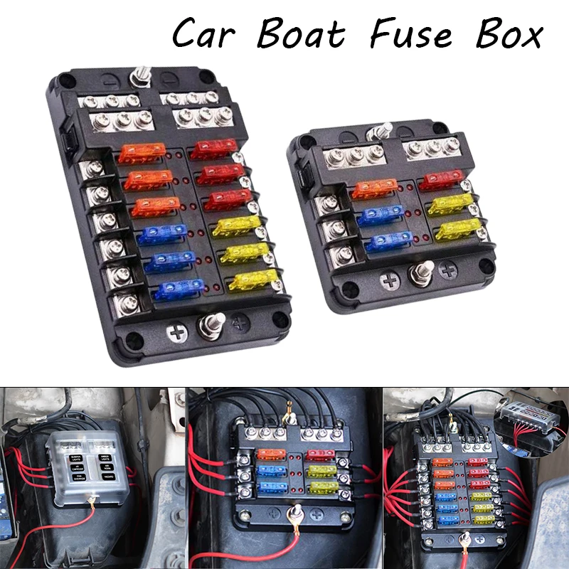Car Boat Fuse Box Holder With 6 Ways 12 Ways Blade Fuse Holder Block & Warning Indicator 12V 36V Power Distribution Panel Board