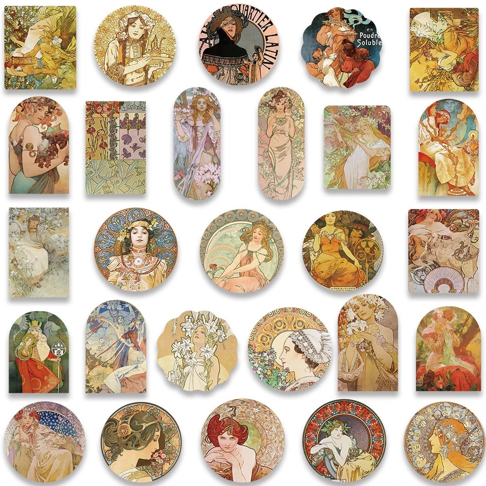 54PCS Yellowed Vintage Literary Figure Retro Art Poster Stickers Decal DIY Diary Suitcase Scrapbook Phone Laptop Bike Sticker