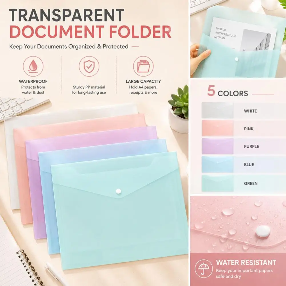 5PCS Random Colors A4 Size Document Storage Bag PP Transparent Portfolio Policy Briefcase Waterproof Snap Buckles Portable Bag - view 5